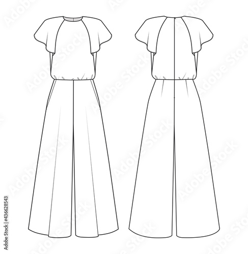 Fashion technical drawing of jumpsuit with wide pants