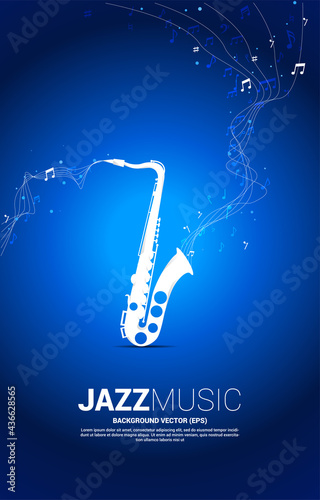 Vector music melody note dancing flow from saxophone . Concept background for jazz song and concert theme.