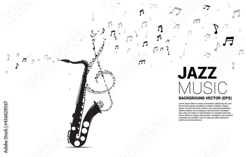 Vector music melody note dancing flow from saxophone . Concept background for jazz song and concert theme.