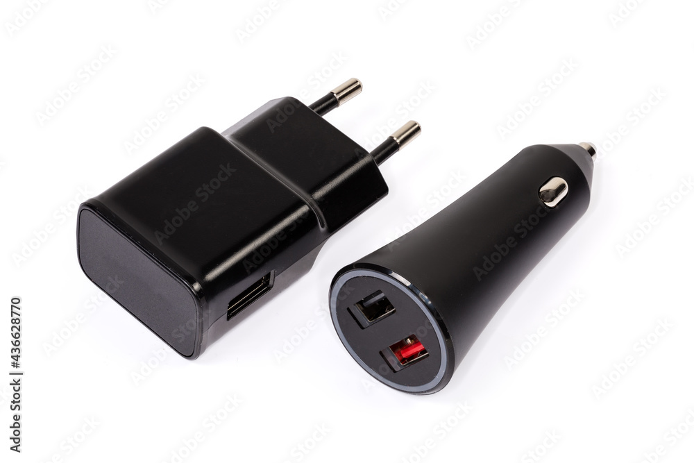 Car USB charger and AC Europlug charger for portable accessories Car USB charger and AC Europlug charger for portable accessories