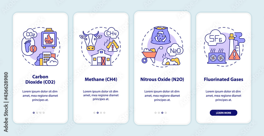 Greenhouse gases types onboarding mobile app page screen with concepts. Carbon dioxide, methane walkthrough 4 steps graphic instructions. UI, UX, GUI vector template with linear color illustrations