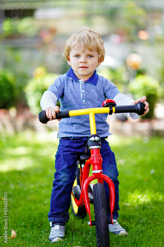 Active blond kid boy in colorful clothes driving balance and learner's bike or bicycle in domestic garden. Toddler child dreaming and having fun on warm summer day. outdoors movement game for children