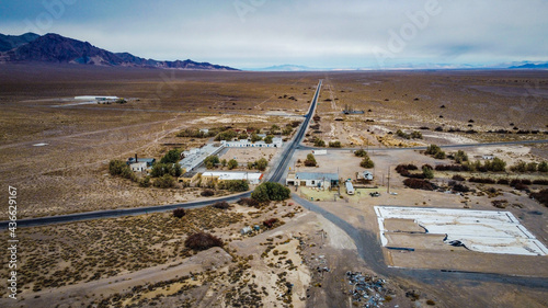 Aerial shot of Death Valley Junction in California desert on a gloomy day photo