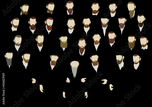 A group of ultra-Orthodox Jewish men, Torah observant, in traditional dress. Accompanied by an adult rabbi with a gray beard. The figures are bearded in different hair colors on a black background.
