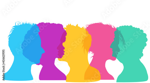 People profiles, diversity concept. Men and women Silhouettes isolated on white background. Colorful illustration of people of different gender, race and age. Old woman, young, man. Multiethnic symbol