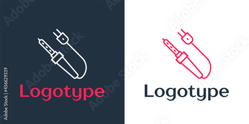 Logotype line Soldering iron icon isolated on white background. Logo design template element. Vector