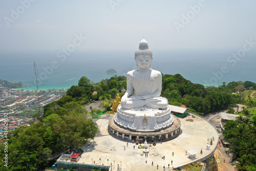 Aerial View Big White Buddha temple famous place in Phuket, Thailand.