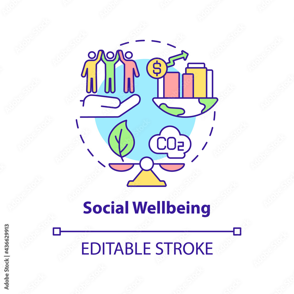 Social wellbeing concept icon. Carbon offset abstract idea thin line illustration. Sustainable development. Neutralizing greenhouse gas emission. Vector isolated outline color drawing. Editable stroke