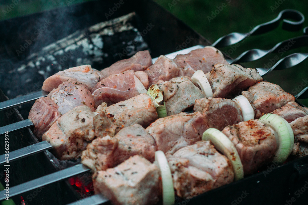 Meat on skewers on the grill. Barbecue cooking Meat on skewers on the grill. Barbecue cooking