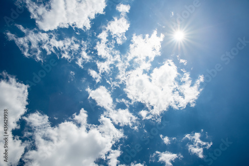 降り注ぐ紫外線を浴びながら青空バックの太陽を見上げる眩しい風景