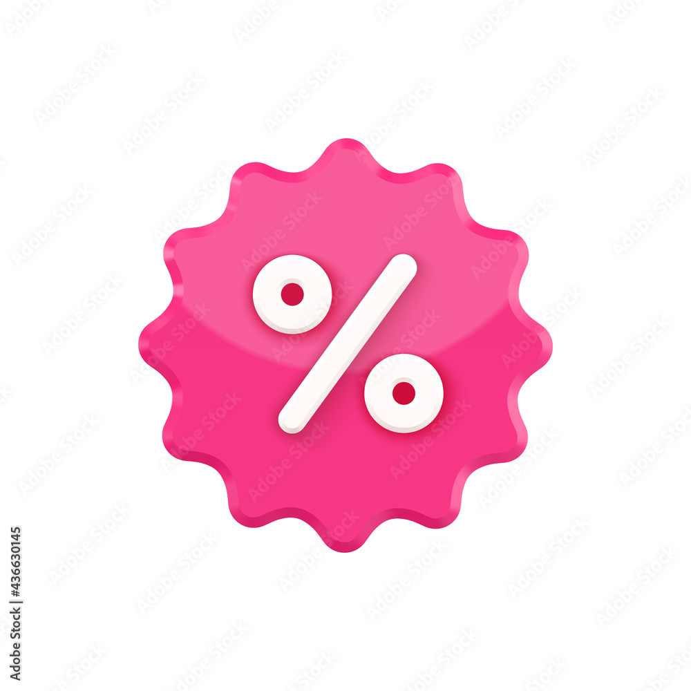 Notched stamp 3d with percent vector icon. Pink label blot with white discount special. Notched stamp 3d with percent vector icon. Pink label blot with white discount special.