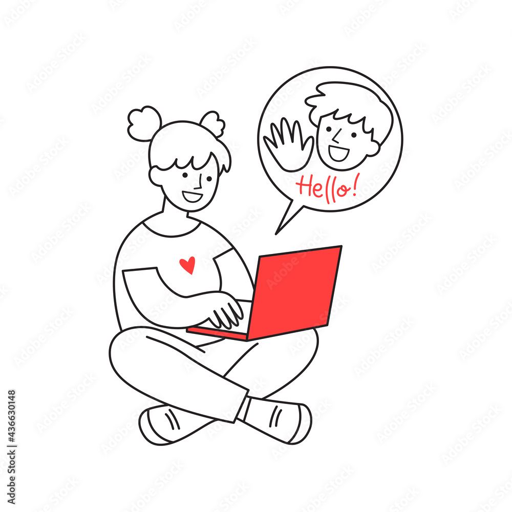 Illustration of cartoon young woman with laptop sitting on the floor. Online date, internet call, video chat concept. Minimalist vector line art for social media, app, web, advert, or sticker. Illustration of cartoon young woman with laptop sitting on the floor. Online date, internet call, video chat concept. Minimalist vector line art for social media, app, web, advert, or sticker.