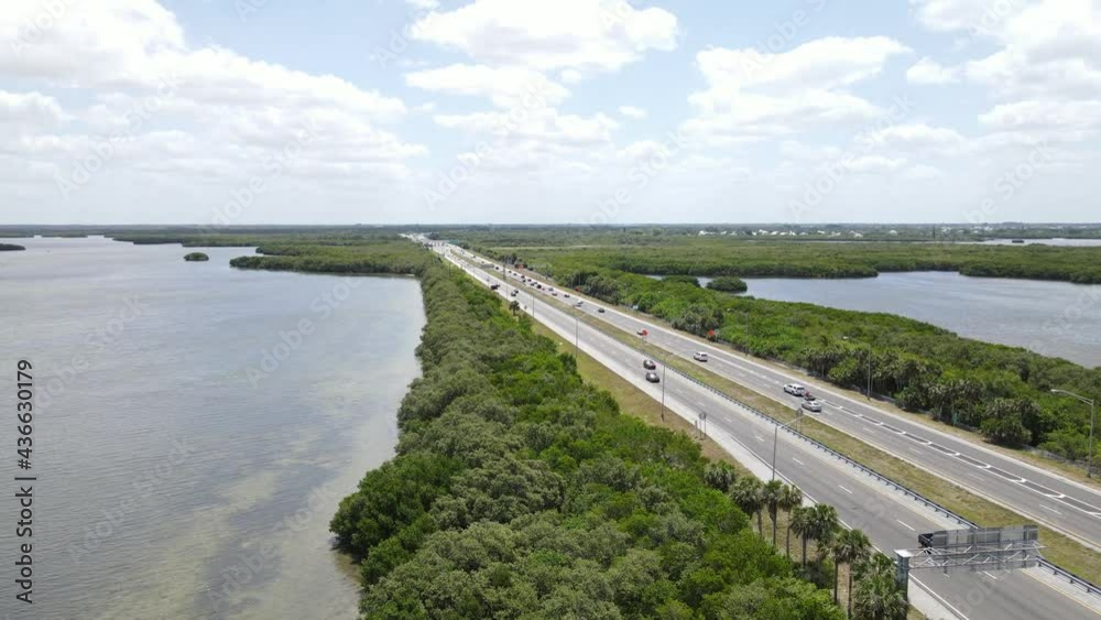 forward aerial down the Sunshine Skyway Tollway outside, Tampa, Florida going into Bradenton forward aerial down the Sunshine Skyway Tollway outside, Tampa, Florida going into Bradenton