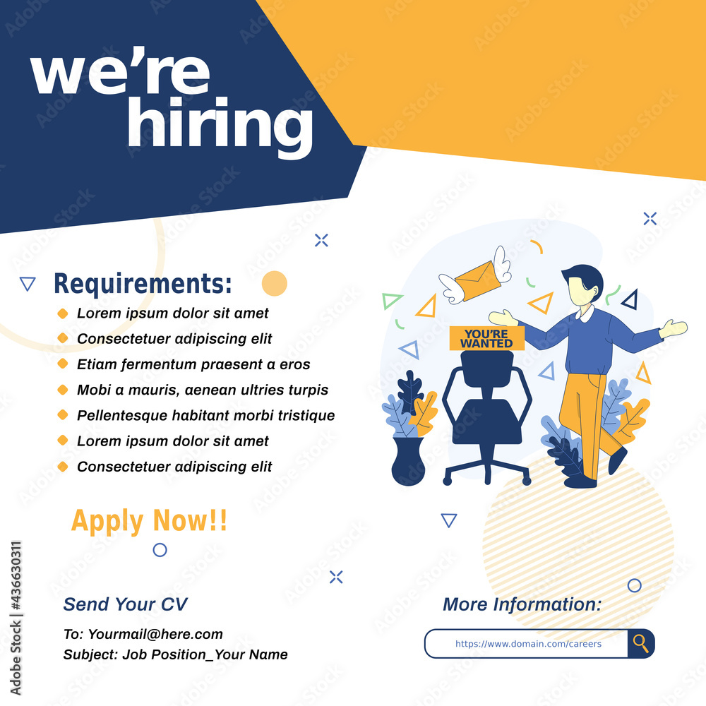 We are hiring recruitment design for social media post template. Social  media square banner for post feed. Job vacancies or job hiring templates  with character illustrations Stock Vector