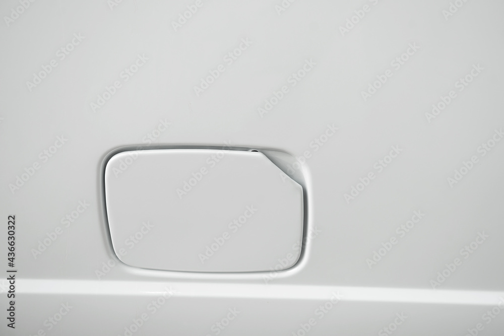 White car body with gas tank protection hatch door. White car body with gas tank protection hatch door.