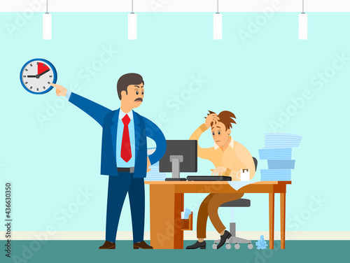 Male character working at computer and doing paperwork to finish task. Boss urges employee to complete assignment defore deadline. Angry director with subordinate work to deal with deadline