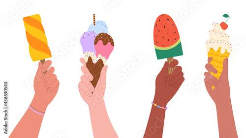 Set of cute ice cream in hands on white background. Vector illustration.