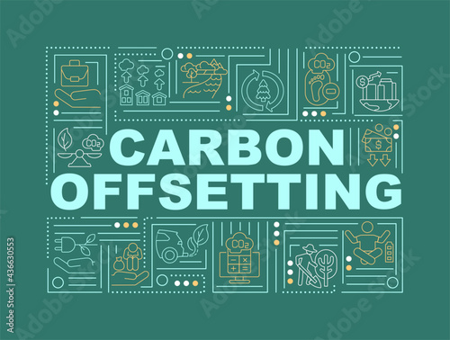 Carbon offset word concepts banner. Tackling global warming. Infographics with linear icons on green background. Isolated creative typography. Vector outline color illustration with text