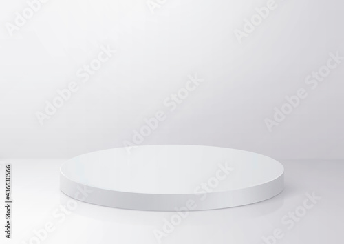 Shiny white round pedestal podium. concept illuminated pedestal by spotlights on white background. 3d render