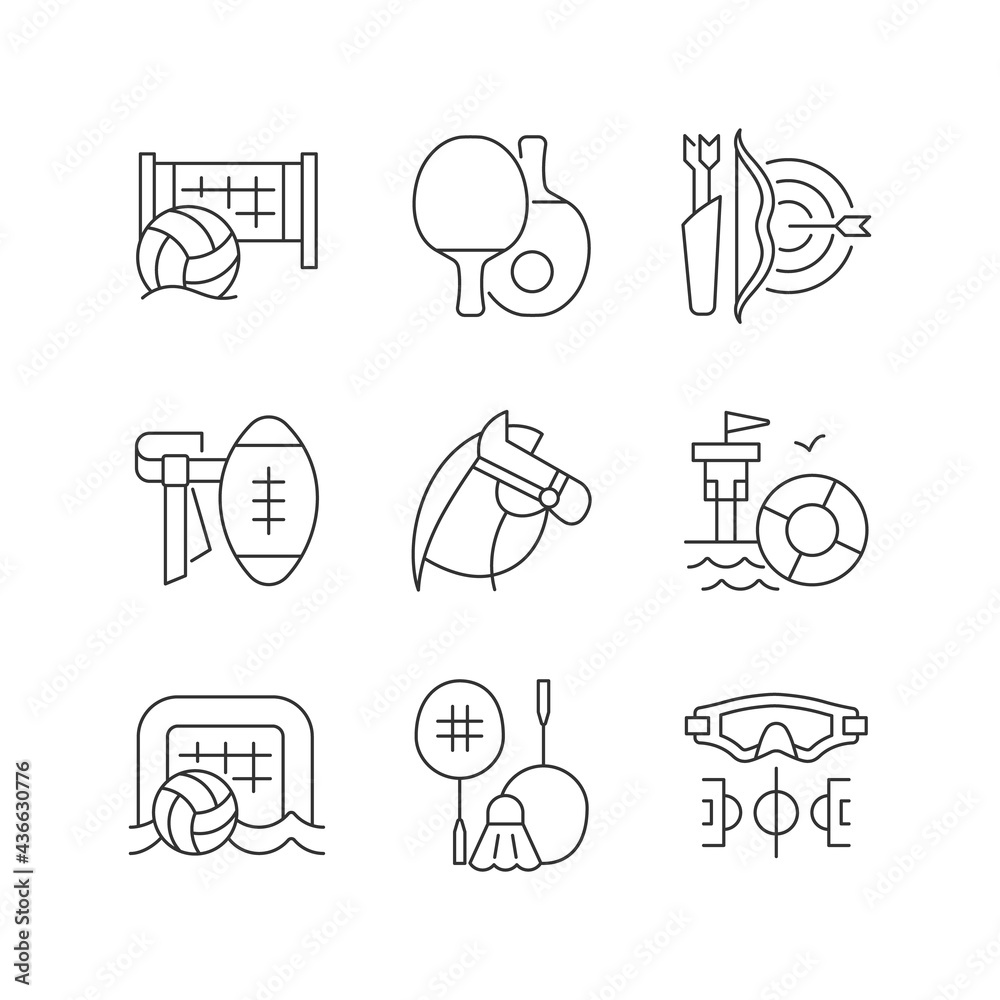Summer camp activities linear icons set. Beach volleyball. Ping pong. Archery. Horseback riding. Customizable thin line contour symbols. Isolated vector outline illustrations. Editable stroke Summer camp activities linear icons set. Beach volleyball. Ping pong. Archery. Horseback riding. Customizable thin line contour symbols. Isolated vector outline illustrations. Editable stroke