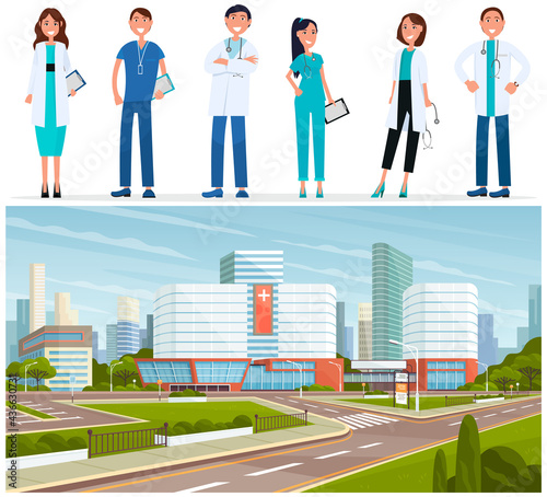 Modern hospital building, healthcare system and medical facility with all departments. Clinic with ambulance. Healthcare and emergency concept. Medical specialists treating various diseases