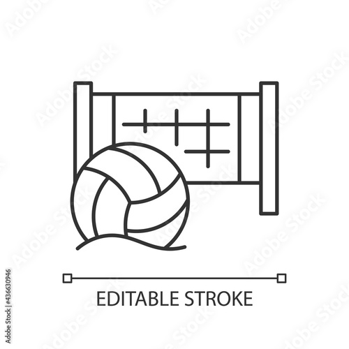 Beach volleyball linear icon. Team sport. Sand-based court divided by net. Outdoor games. Thin line customizable illustration. Contour symbol. Vector isolated outline drawing. Editable stroke