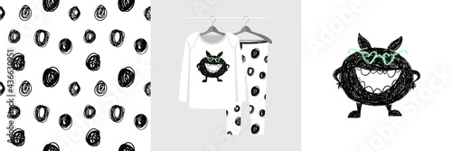 Seamless pattern and illustration for kid with funny toothy monster