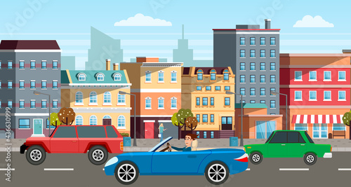 Modern car parking along town street in cartoon style. Vehicles car on city street. Auto on road with buildings. Beautiful automobile in big city. Travel by car. Drive transport. Automotive concept