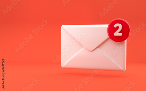 Mail sign with notification badge on the bright red background. Closed envelope. Realistic concept. 3d rendering