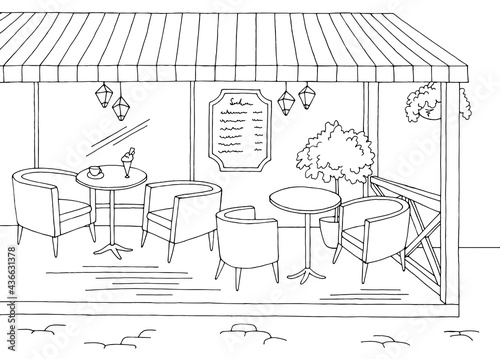 Cafe terrace interior graphic black white sketch illustration vector