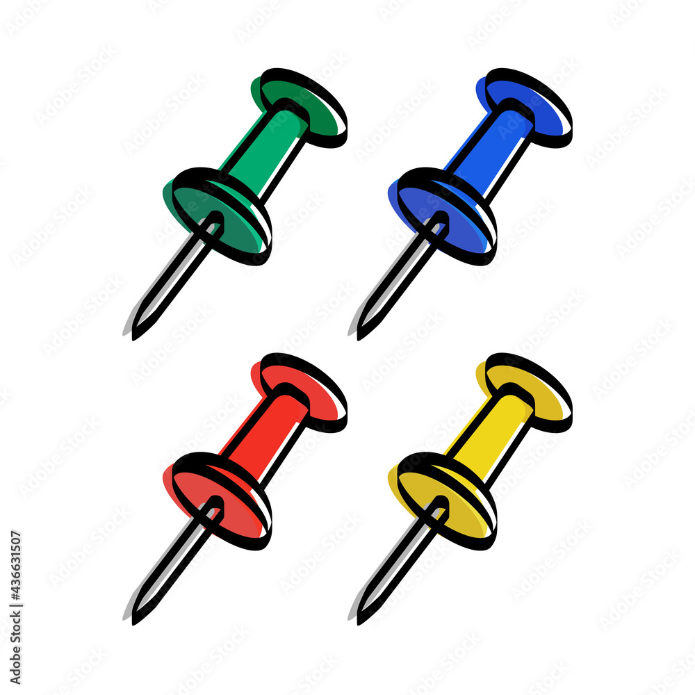 Set of colorful office push pins. Thumbtacks icon. Top view. Vector illustration Set of colorful office push pins. Thumbtacks icon. Top view. Vector illustration