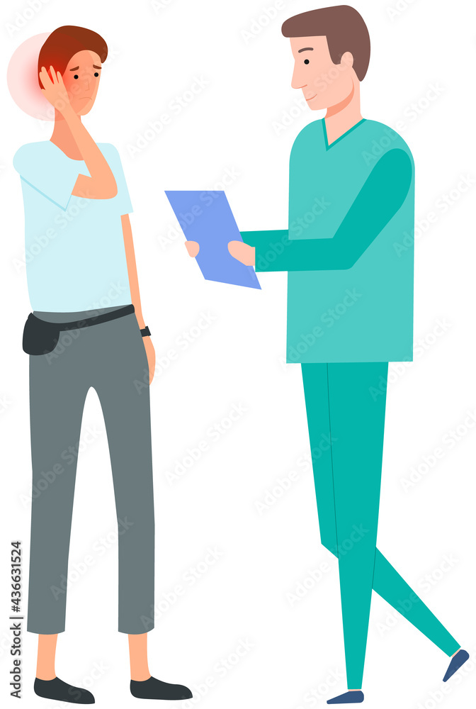 Man with pain in ear in consultation with doctor. Medical specialist consults patient with earache. Young guy grabs his hand to head. Male character complains about painful sensations in ear