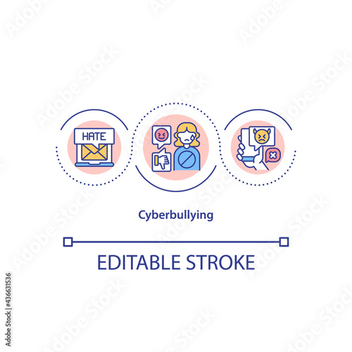 Cyberbullying concept icon. Attacking targets anonymously in cyberspace idea thin line illustration. Bullying through emails, text messages. Vector isolated outline RGB color drawing. Editable stroke