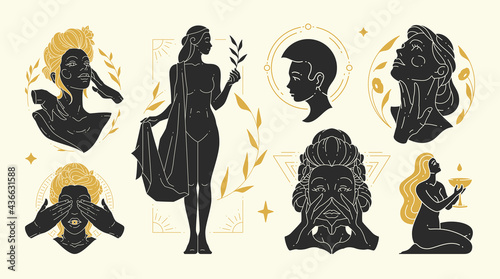 Magic woman vector illustrations of graceful feminine women and esoteric symbols set