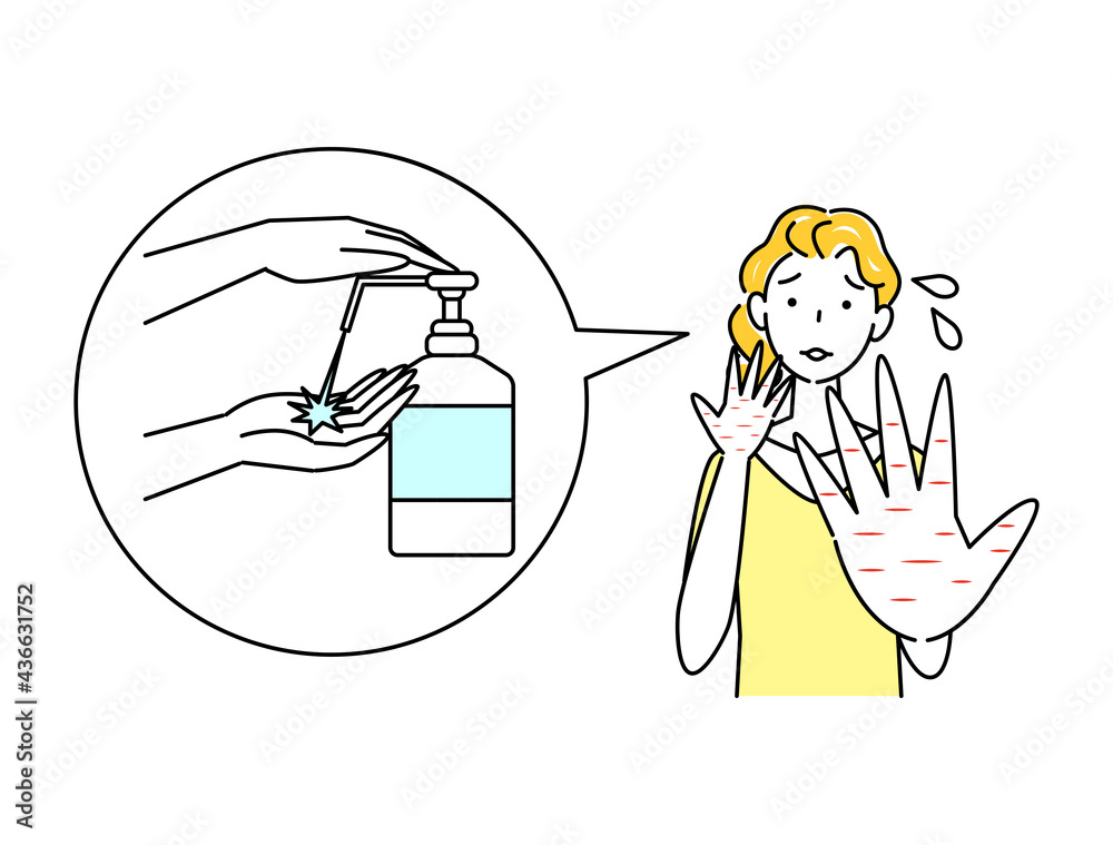 スキンケア アルコール消毒による手の肌荒れが治り喜んでいる可愛い女性 イラスト シンプル ベクター Skin Care A Pretty Woman Happy To Be Cured Of Skin Irritation On Her Hands Caused By Alcohol Disinfection Simple Illustration Vector Stock Vektorgrafik