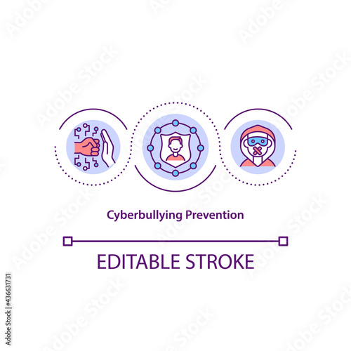 Cyberbullying prevention concept icon. Setting up privacy controls idea thin line illustration. Keeping safety. Raising awareness campaign. Vector isolated outline RGB color drawing. Editable stroke