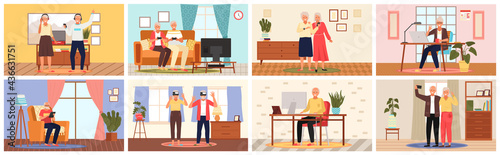 Old people play video game. Modern senior people gadgets. Oldster education computer. Old progressive use modern technology. Learning to use PC. Elderly couple gadgets. Leasing music on smartphone