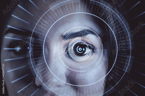 Human eye recognition face ID scanning process. Close up of european female with digital interface. Double exposure.