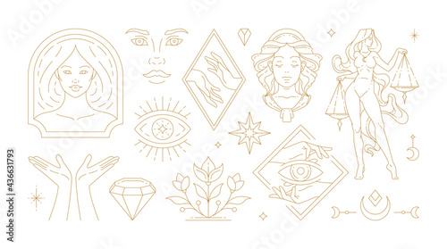 Magic woman boho vector illustrations of graceful feminine women and esoteric symbols set