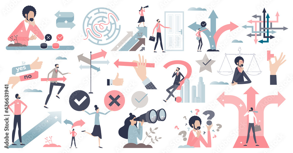 Decisions, doubt, dilemma or question elements in tiny persons collection set. Various mini scenes items with business path or career route choice vector illustration. Various direction arrow options Decisions, doubt, dilemma or question elements in tiny persons collection set. Various mini scenes items with business path or career route choice vector illustration. Various direction arrow options