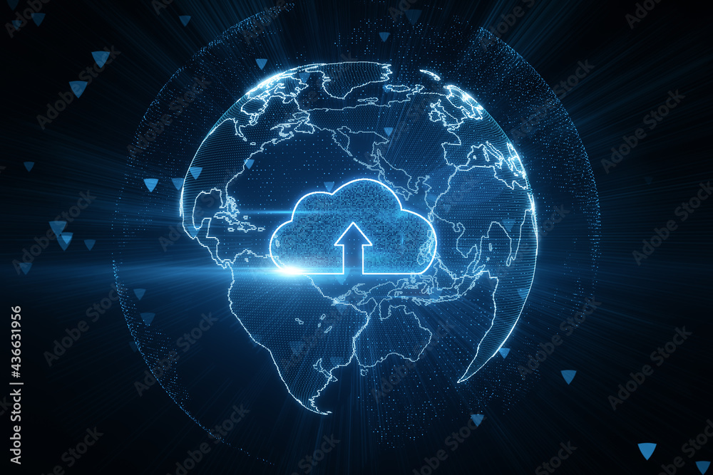 Cloud technology and storage concept with digital cloud icon with arrow inside in round world map layout on dark backdrop Cloud technology and storage concept with digital cloud icon with arrow inside in round world map layout on dark backdrop