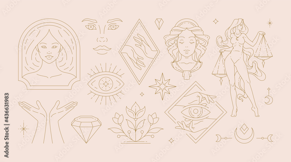 Magic woman boho vector illustrations of graceful feminine women and esoteric symbols set.