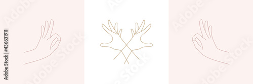 Crossed woman hands and sign ok sign in boho linear style vector illustrations set.