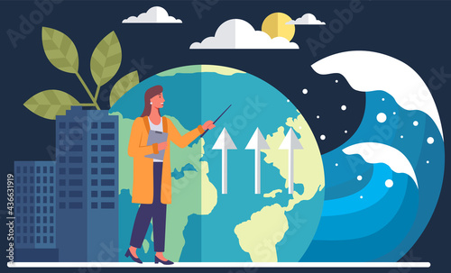 Earth global warming poster. Female teacher is talking about impact of climate change on rising water level. Visualization of human influence on weather. Lesson about ecology on planet Earth