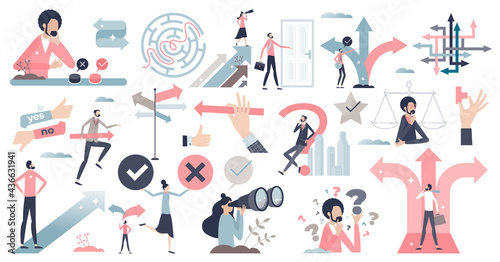 Decisions, doubt, dilemma or question elements in tiny persons collection set. Various mini scenes items with business path or career route choice vector illustration. Various direction arrow options