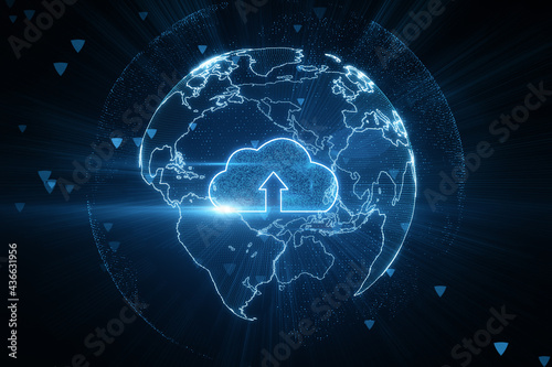 Cloud technology and storage concept with digital cloud icon with arrow inside in round world map layout on dark backdrop