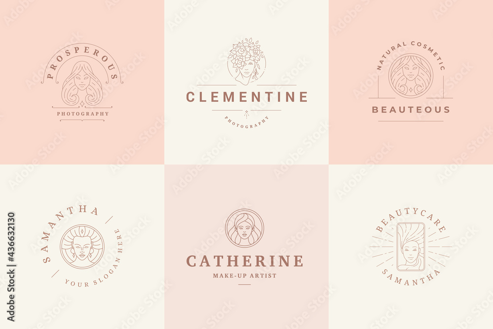 Feminine logos emblems design templates set with magic female portraits vector illustrations minimal linear style - obrazy, fototapety, plakaty 