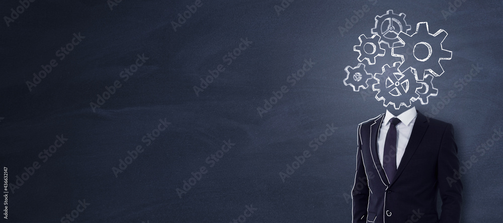 Headless businessman with abstract gear sketch standing on chalkboard background with copy space. Engineering and brainstorm concept. - obrazy, fototapety, plakaty 