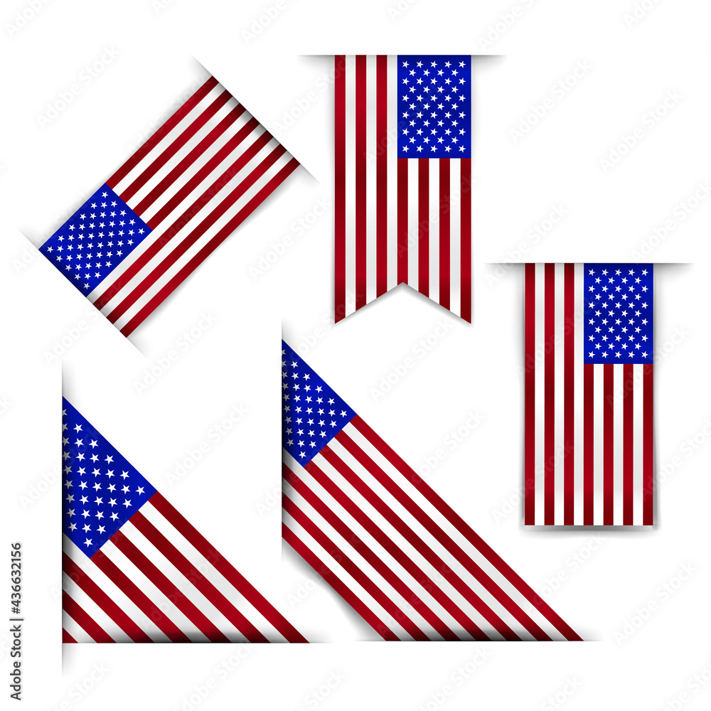 Flags of the United States of America. Set Five Realistic Corner Vertical Banners USA Flags Isolated White Background Vector illustration. Flags of the United States of America. Set Five Realistic Corner Vertical Banners USA Flags Isolated White Background Vector illustration.