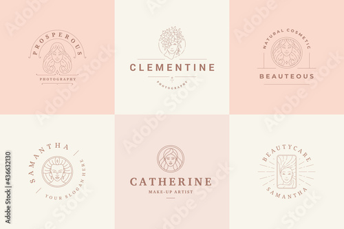 Feminine logos emblems design templates set with magic female portraits vector illustrations minimal linear style photo
